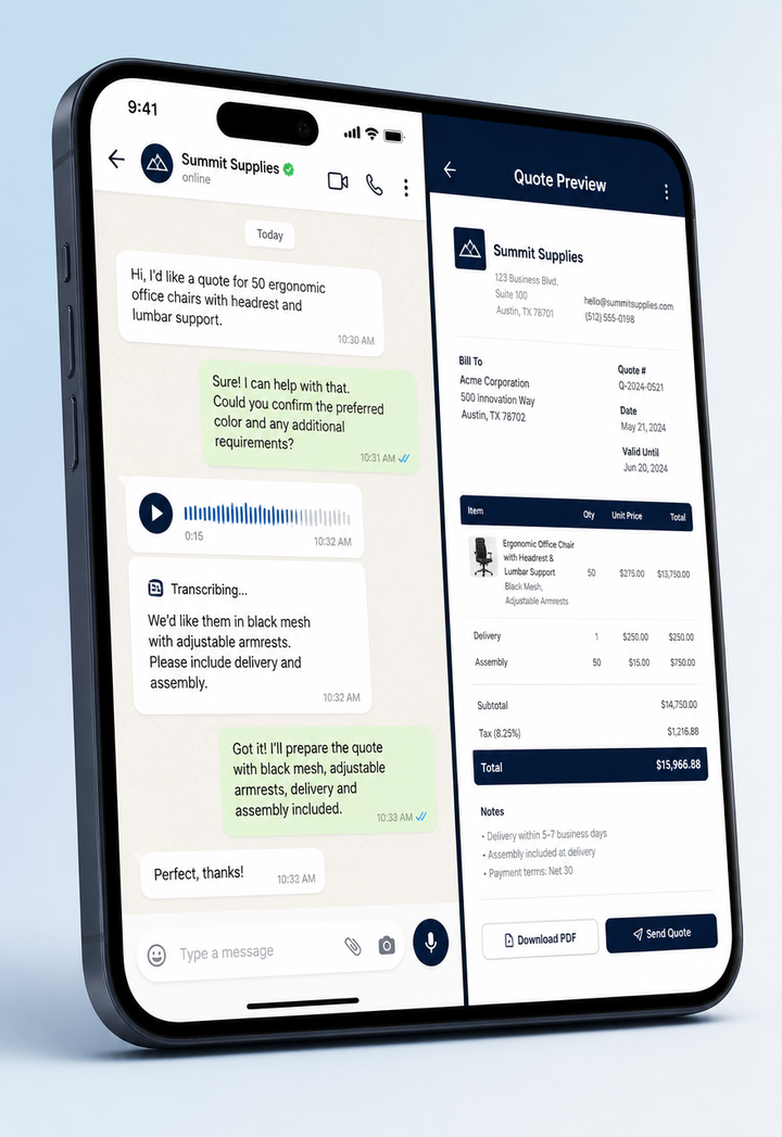 Tela do celular mostrando uma conversa no WhatsApp sendo convertida em orçamento no Eldia Labs